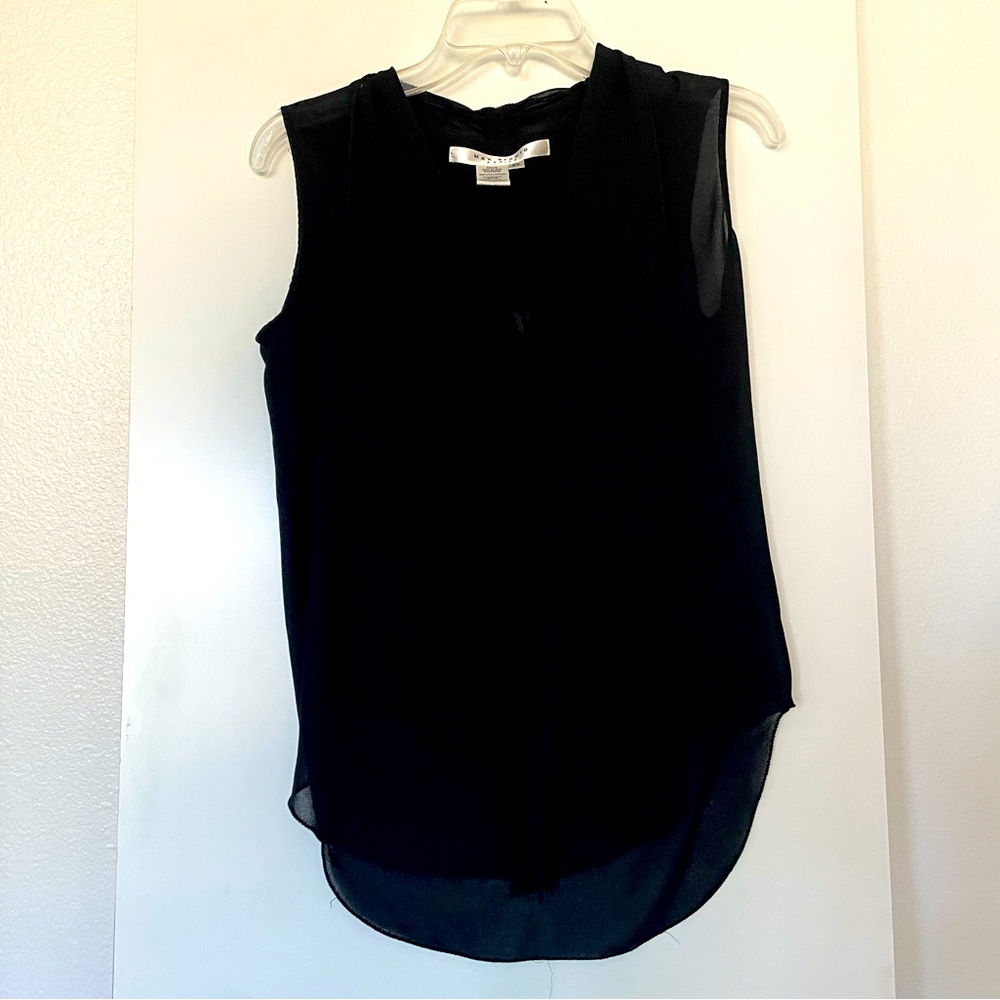 Max Studio Black Sleeveless Tunic Tank Top/Blouse Crepe V Neck Semi Sheer